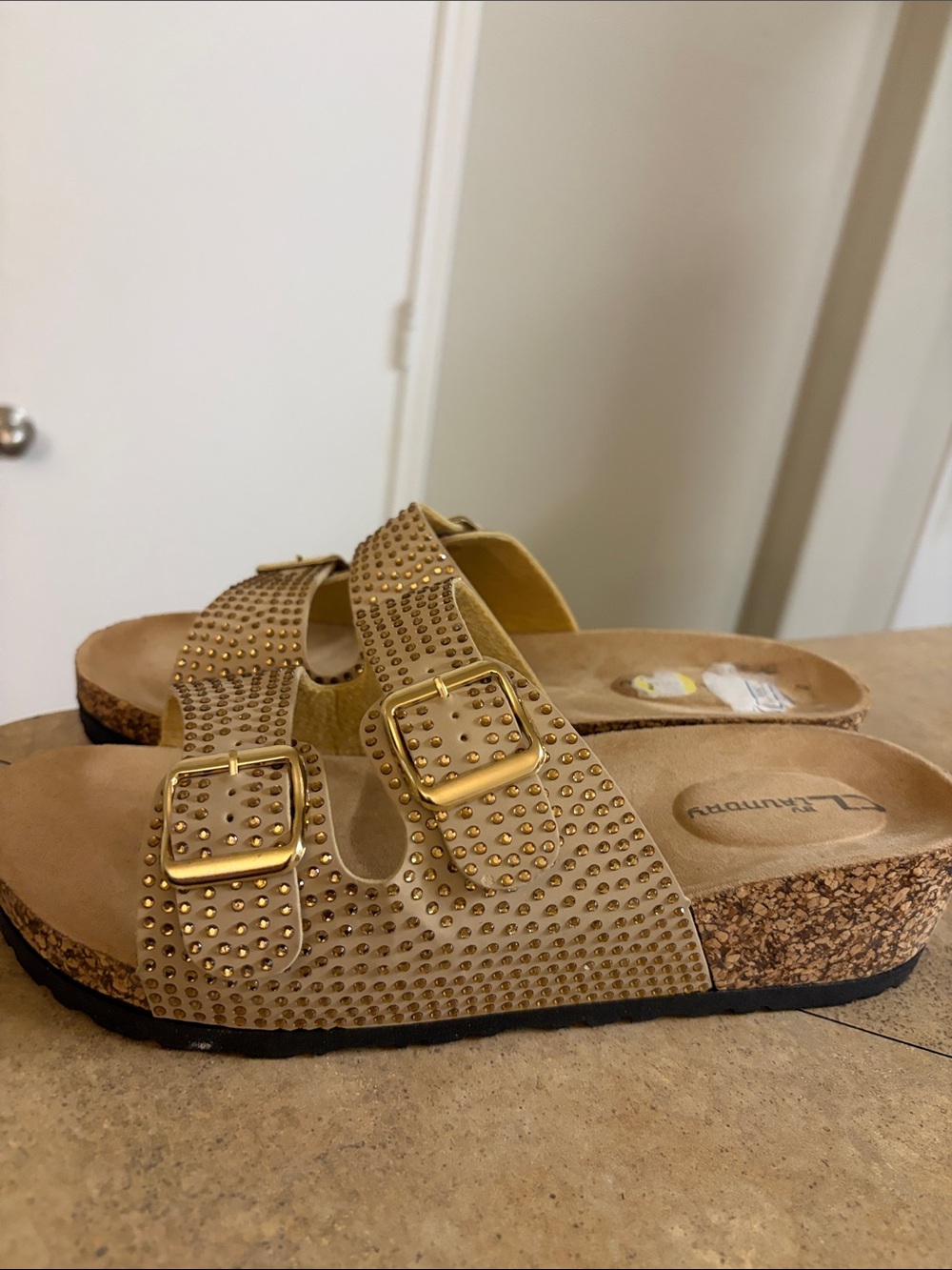 CL by Laundry Nude/Beige Double-Buckle Studded Slide Sandal 9W